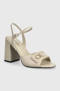 Calvin Klein sandały skórzane HEEL SANDAL 85 RELOCK LTH kolor beżowy HW0HW01937 - Sandały damskie - miniaturka - grafika 1