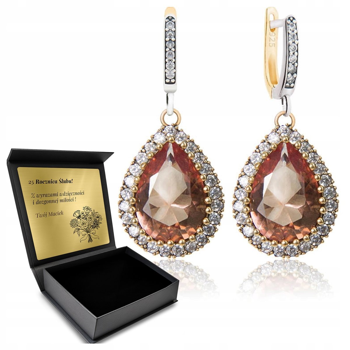 Kolczyki Srebrne 925 Z Cyrkoniami I Zultanitem Dla Kobiety + Grawer