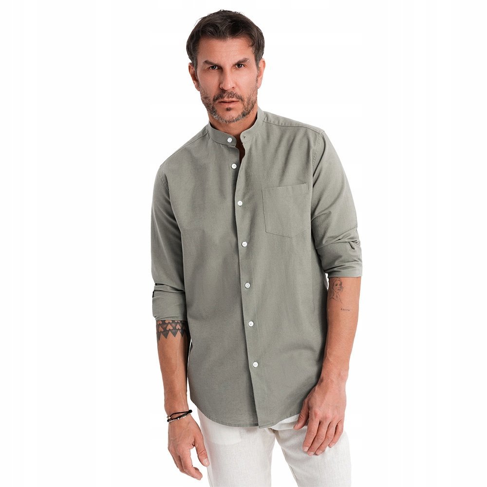 Męska koszula casual lniana regular fit stójka khaki OM-SHCS-0161 V6 r L