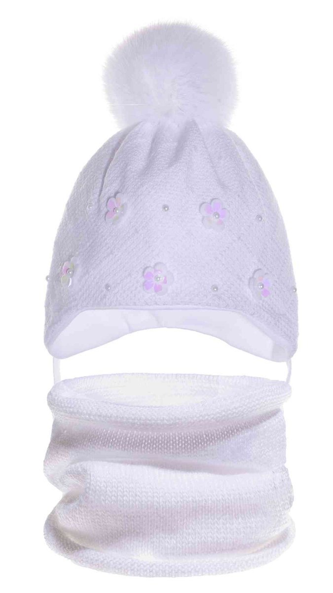 Dziewcęcy komplet czapka i komin w kwiaty biały Ambra r.36/38