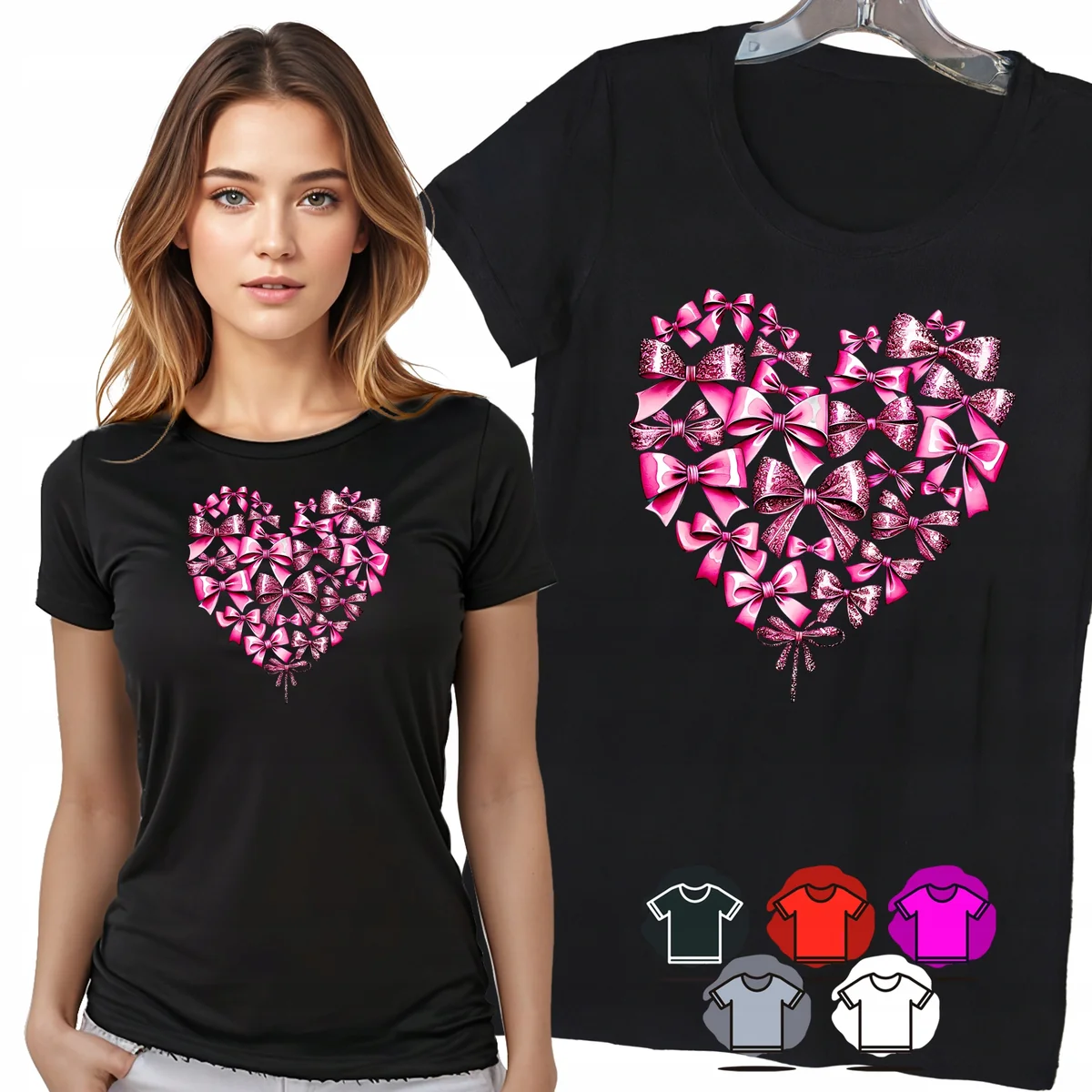 KOSZULKA DAMSKA T-SHIRT - SERCE Z RÓŻOWYCH KOKARDEK ELEGANCKI WZÓR - XXL