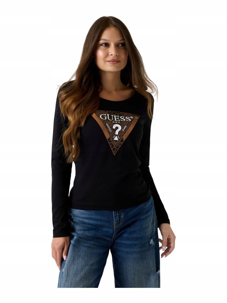 GUESS KOSZULKA DAMSKA Z DŁUGIM RĘKAWEM LS CN LEO TRIANGLE TEE CZARNA r.M