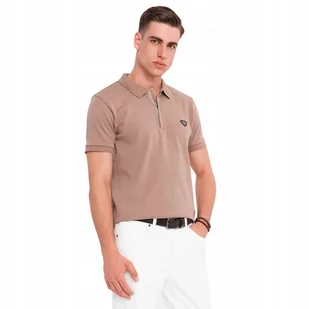 Koszulka męska polo z dekoltem na zamek jasnobrązowa OM-POSS-0148 V3 r. XXL - Koszulki męskie - miniaturka - grafika 1