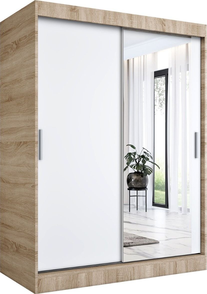 MKPOL Szafa przesuwna MODUO COMFORT 150 dąb sonoma/biała mat z lustrem po prawej