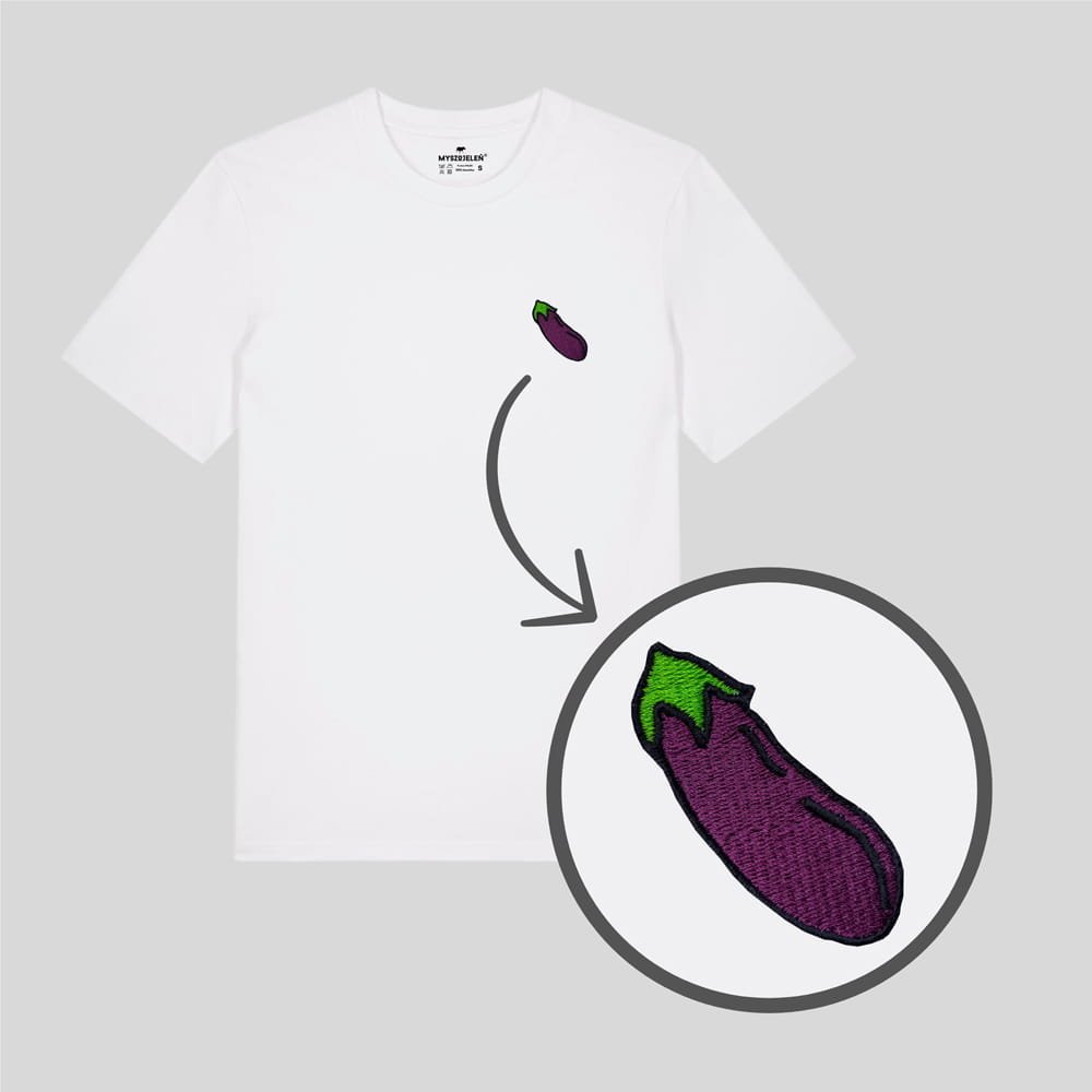 Haftowany T-shirt - BAKŁAŻAN - biały L
