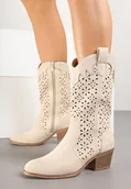 Botki damskie - Beżowe Ażurowe Botki na Obcasie w Stylu Kowbojek Lissemi - miniaturka - grafika 1