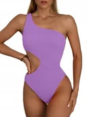 Stroje kąpielowe - JEDNOCZĘŚCIOWY STRÓJ KĄPIELOWY NA JEDNO RAMIĘ FIOLETOWY Z WYCIĘCIAMI M - miniaturka - grafika 1