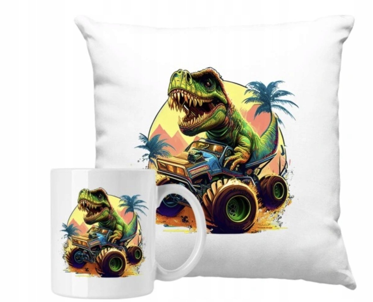 ZESTAW PODUSZKA + KUBEK Prezent DINOZAURY T-REX Z DINOZAURAMI + IMIĘ 36