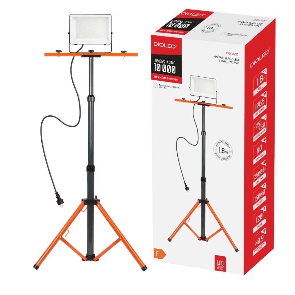 Naświetlacz LED 1x 100W 4000K 10000lm IP65 + STATYW 1.6m kabel 1.8m Dioled