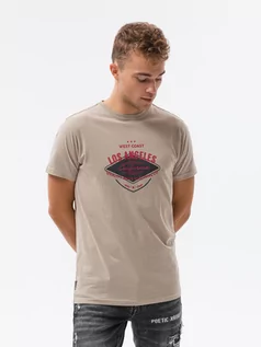 Koszulki męskie - T-shirt męski z nadrukiem - beżowy V-21D S1434 - grafika 1