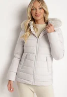 Kurtki damskie - Biała Pikowana Kurtka o Taliowanym Kroju z Kapturem z Futerkiem Tinessa - miniaturka - grafika 1