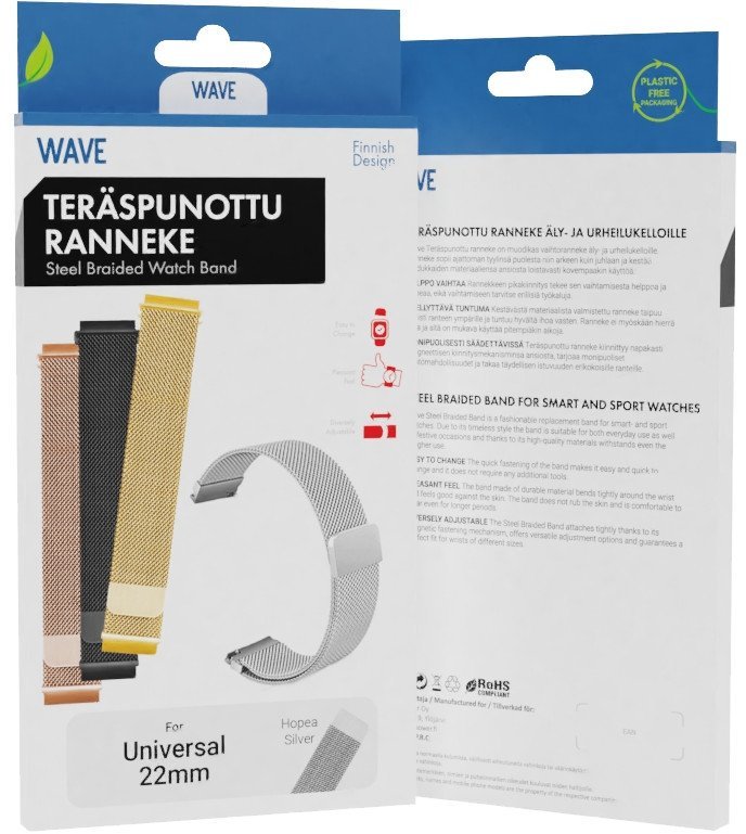 Wave steel braided strap 22mm, for smart and sports watches, silver