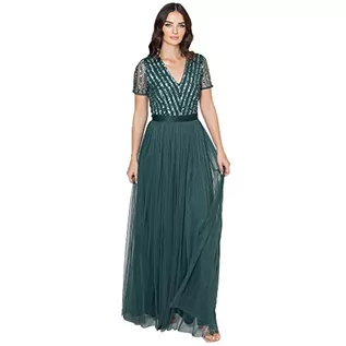 Sukienki - Maya Deluxe Maxi Dress For Women Ladies Bridesmaid V-Neck Plus Size Ball Gown Short Sleeves Long Elegant Empire Waist Sukienka dla druhny dla kobiet, Szmaragdowy Zielony, 6 - grafika 1