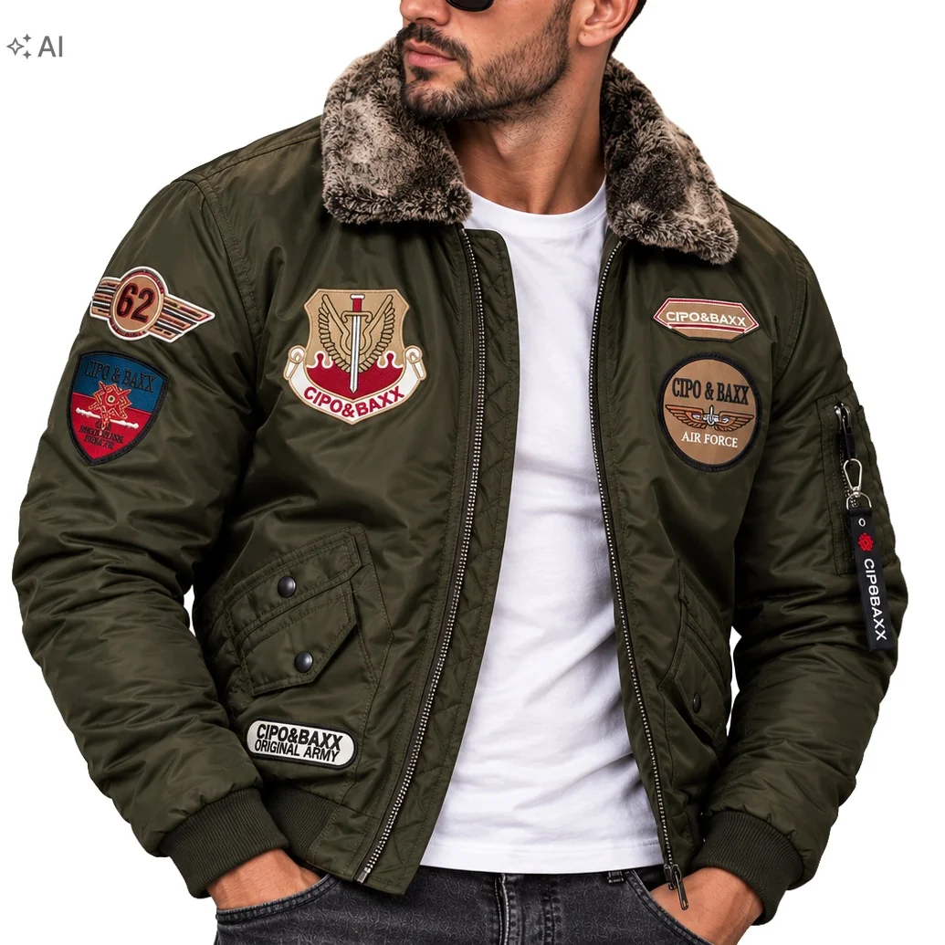 Kurtka męska pilotka Cipo Baxx bomber z futrzanym kołnierzem ocieplana zielony nylon