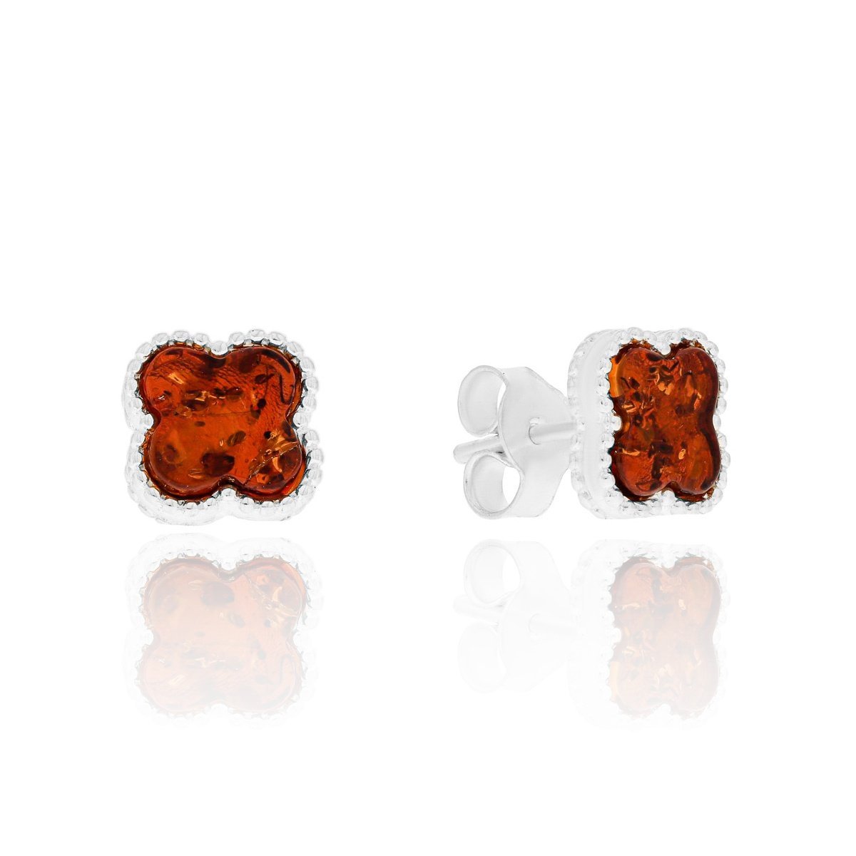 Srebrne kolczyki z bursztynem koniczynki, sztyfty pr. 925