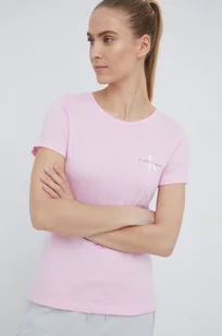Calvin Klein Jeans Jeans t-shirt bawełniany kolor różowy - Koszulki i topy damskie - miniaturka - grafika 1