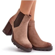 Botki damskie - Ocieplane Botki Damskie Na Słupku Z Eko Zamszu Vinceza 58356 Beżowe beżowy - miniaturka - grafika 1