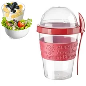 Kubki - POJEMNIK KUBEK NA JOGURT MUSLI SAŁATKĘ CZERWONY ŚNIADANIÓWKA Z ŁYŻKĄ LUNCHBOX PIĘTROWY - miniaturka - grafika 1