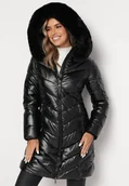 Kurtki damskie - Czarna Metaliczna Kurtka Pikowana z Kapturem Eclaris - miniaturka - grafika 1