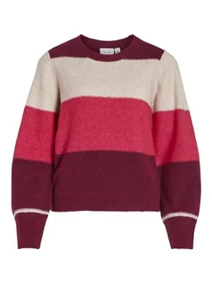 Swetry damskie - Vila Damski sweter z dzianiny z okrągłym dekoltem L/S Stripe Knit Top, czerwony, XL - grafika 1
