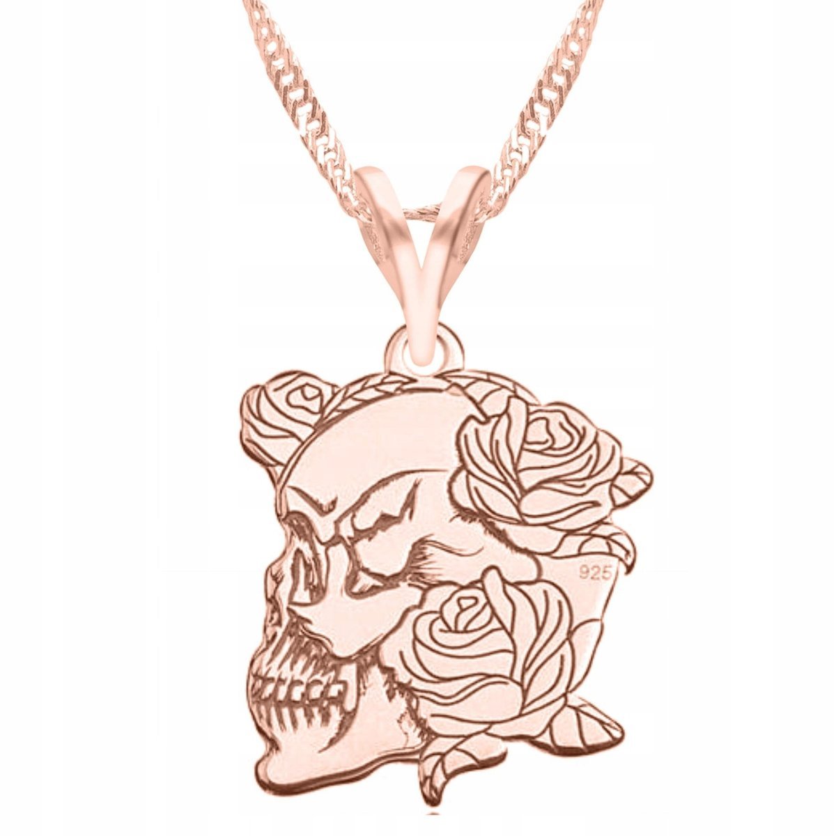 Naszyjnik Pozłacany Czaszka Róże Kwiat Rose Skull Kwiatek SREBRO 925