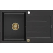 Zlewozmywaki - Mexen Bruno zlewozmywak granitowy 1-komorowy z ociekaczem 795 x 495 mm, czarny/srebrny metalik, syfon złoty - miniaturka - grafika 1