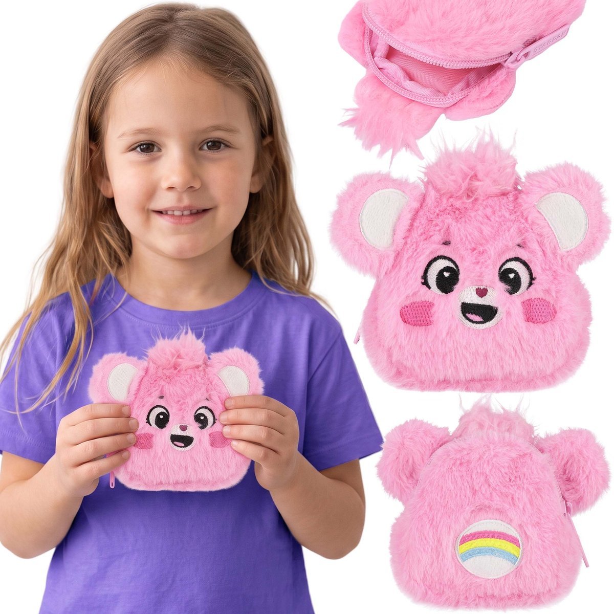 Care Bears Różowy PORTFELIK dla dziewczynki, PORTFEL na pieniądze, PLUSZOWA portmonetka na zamek 10x10x3cm