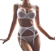 Komplety bielizny - KOMPLET Bielizny Damskiej STANIK Choker PASY NA UDA BRZUCH STRING Biały L - miniaturka - grafika 1