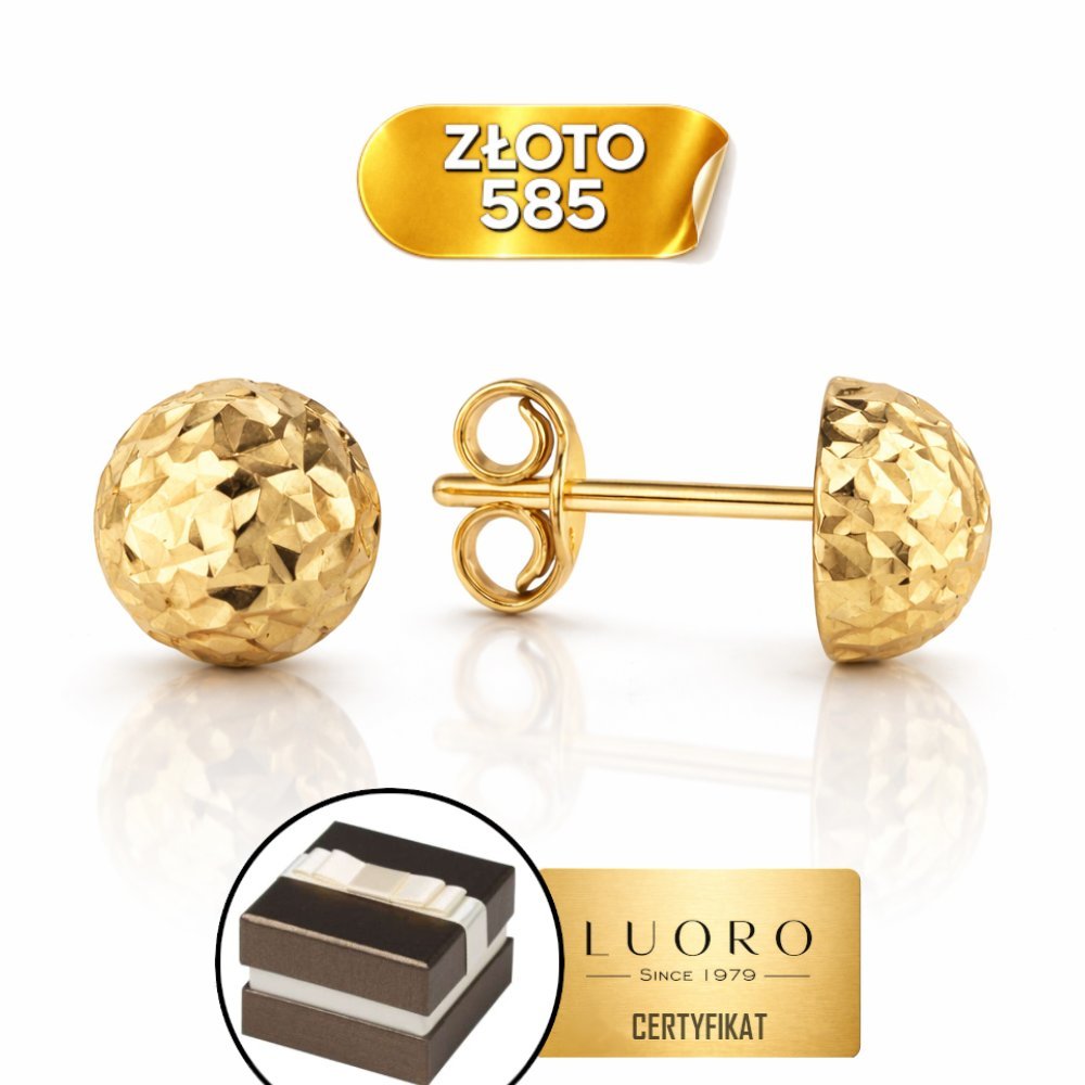 KOLCZYKI ZŁOTE 585 14K PÓŁ KULKI DIAMENTOWANE SZTYFT ŚR 8 MM ELEGANCKIE