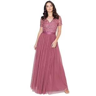 Maya Deluxe Maxi Dress For Women Ladies Bridesmaid V-Neck Plus Size Ball Gown Short Sleeves Long Elegant Empire Waist Sukienka dla druhny dla kobiet, Desert Rose, 48 - Sukienki - miniaturka - grafika 1