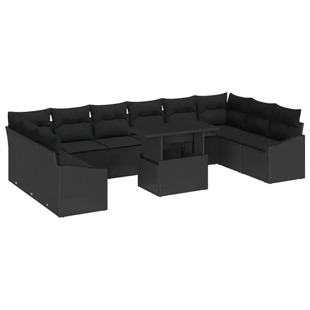 Zestaw Sofa Ogrodowa z Polirattanu, Czarny, 11 Elementów, Miejsca dla 10 o