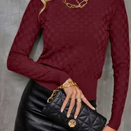 Swetry damskie - TEMU Elegancki Sweter Dzianinowy w Kratę z Okrągłym Dekoltem i Długim Rękawem dla Kobiet, Jednokolorowy, Modna Warstwa Bazowa na Dojazdy, Krótki - miniaturka - grafika 1