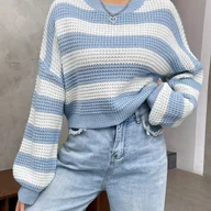 Swetry damskie - TEMU Damski sweter na ramiączkach z paskami - Przytulny top z długim rękawem i okrągłym dekoltem na wiosnę, jesień i zimę, niebieskie i białe paski w - miniaturka - grafika 1