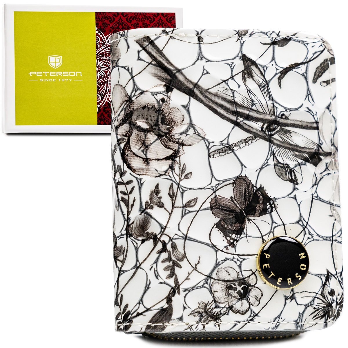 Damski portfel Peterson mały ze skóry naturalnej pionowy portfelik lakierowany z ochroną kart RFID na zatrzask suwak w kwiaty biały czarny