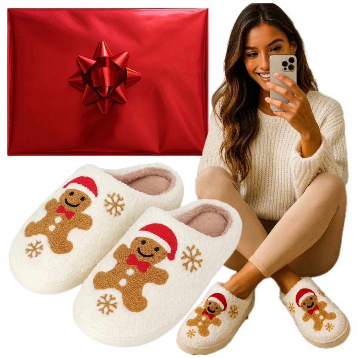 Kapcie świąteczne Gotowy Prezent Na Mikolajki damskie w Pierniki Piernikiem