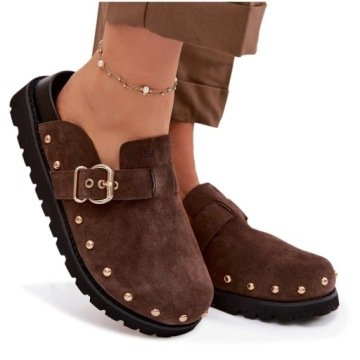 Klapki Chodaki Damskie Big Star Złote Ćwieki Klamra Zamsz Czekoladowe 39