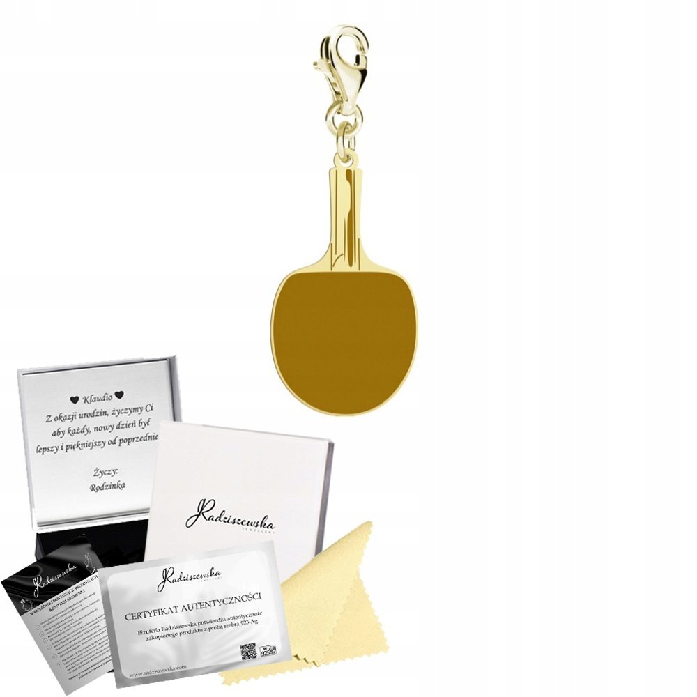 Charms Złoty Tenis Stołowy Karabińczyk Srebro 925 Prezent DEDYKACJA