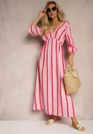 Sukienki - Różowo-Pomarańczowa Bawełniana Sukienka w Paski o Rozkloszowanym Kroju Legelia - miniaturka - grafika 1