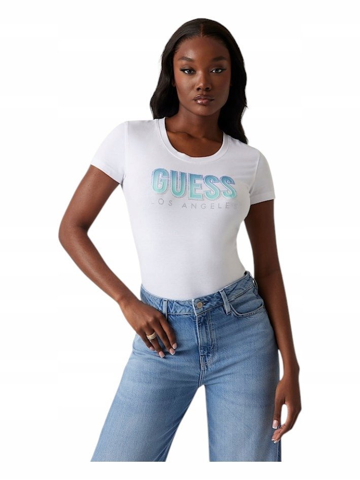 GUESS KOSZULKA DAMSKA T-SHIRT CN SS GLITTER DEGRAD BIAŁA r.S