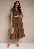 Sukienki - Brązowa Sukienka z Guzikami i Paskiem z Plecionki Fillona - miniaturka - grafika 1