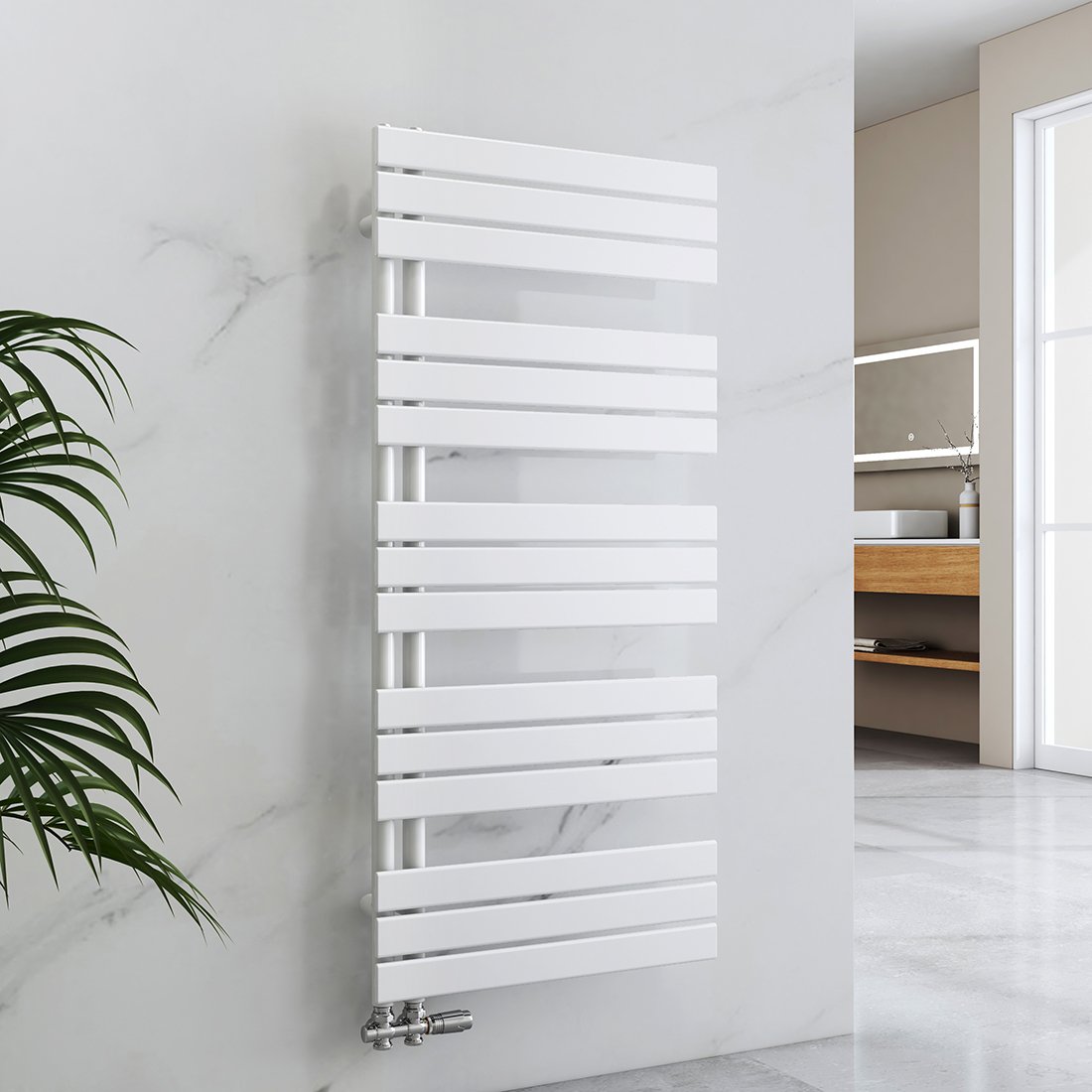 Podgrzewany wieszak na ręczniki EMKE Grzejnik łazienkowy Grzejnik panelowy Podłączenie boczne Ciepła woda naścienne 1320 x 600 mm Biały