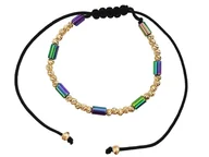Bransoletki - Złota sznurkowa bransoletka 585 złote kulki z kolorowymi kamieniami czarny sznurek - miniaturka - grafika 1