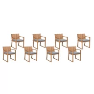 Fotele i krzesła ogrodowe - Beliani Zestaw 8 drewnianych krzeseł ogrodowych z szarymi poduchami SASSARI - miniaturka - grafika 1