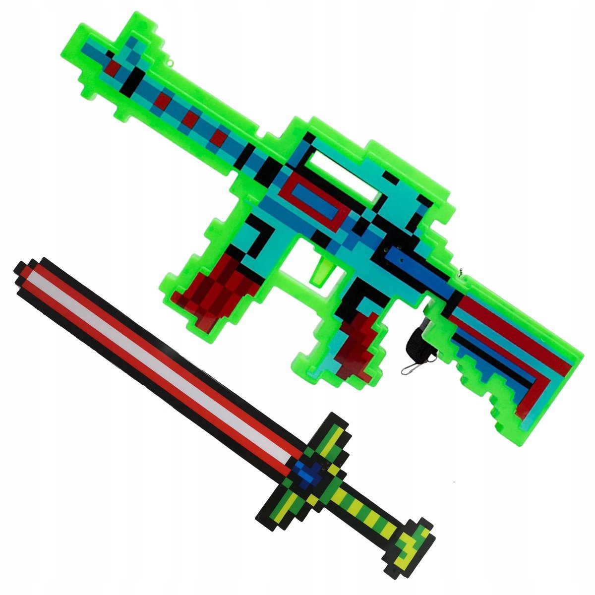 ZESTAW Z GRY MINECRAFT 2w1 ŚWIECĄCY MIECZ KARABIN PIXEL EFEKTY DŹWIĘKOWE