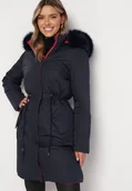 Kurtki damskie - Granatowa Dwustronna Kurtka za Kolano z Kapturem z Futerkiem Zephyro - miniaturka - grafika 1