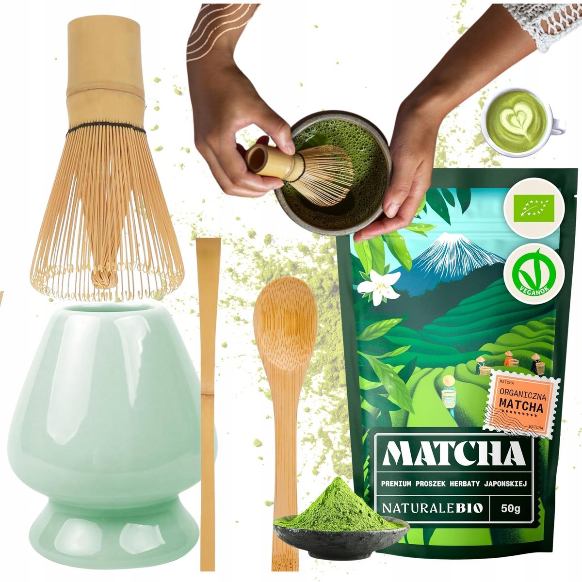 Herbata Matcha Ceremonialna Organiczna 50G+Zestaw Bambusowych Miotełek 5W1