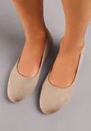 Baleriny - Ciemnobeżowe Balerinki z Imitacji Zamszu z Okrągłym Noskiem Garneli - miniaturka - grafika 1