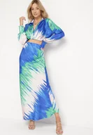 Komplety damskie - Zielono-Granatowy Letni Komplet Krótka Koszula z Przeplatanym Dekoltem Spódnica z Gumką w Pasie Wedna - miniaturka - grafika 1