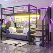 Łóżka dla dzieci i młodzieży - Łóżko piętrowe 140 x 200 cm z wielofunkcyjną siatką i otwartą szafą - Metal i MDF - Diody LED - Czarny (Bez materaca) - miniaturka - grafika 1