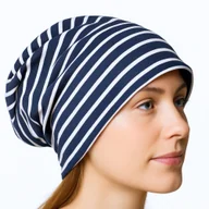 Czapki damskie - Czapka damska Beanie włoska cienka smerfetka granatowa w białe paski - miniaturka - grafika 1